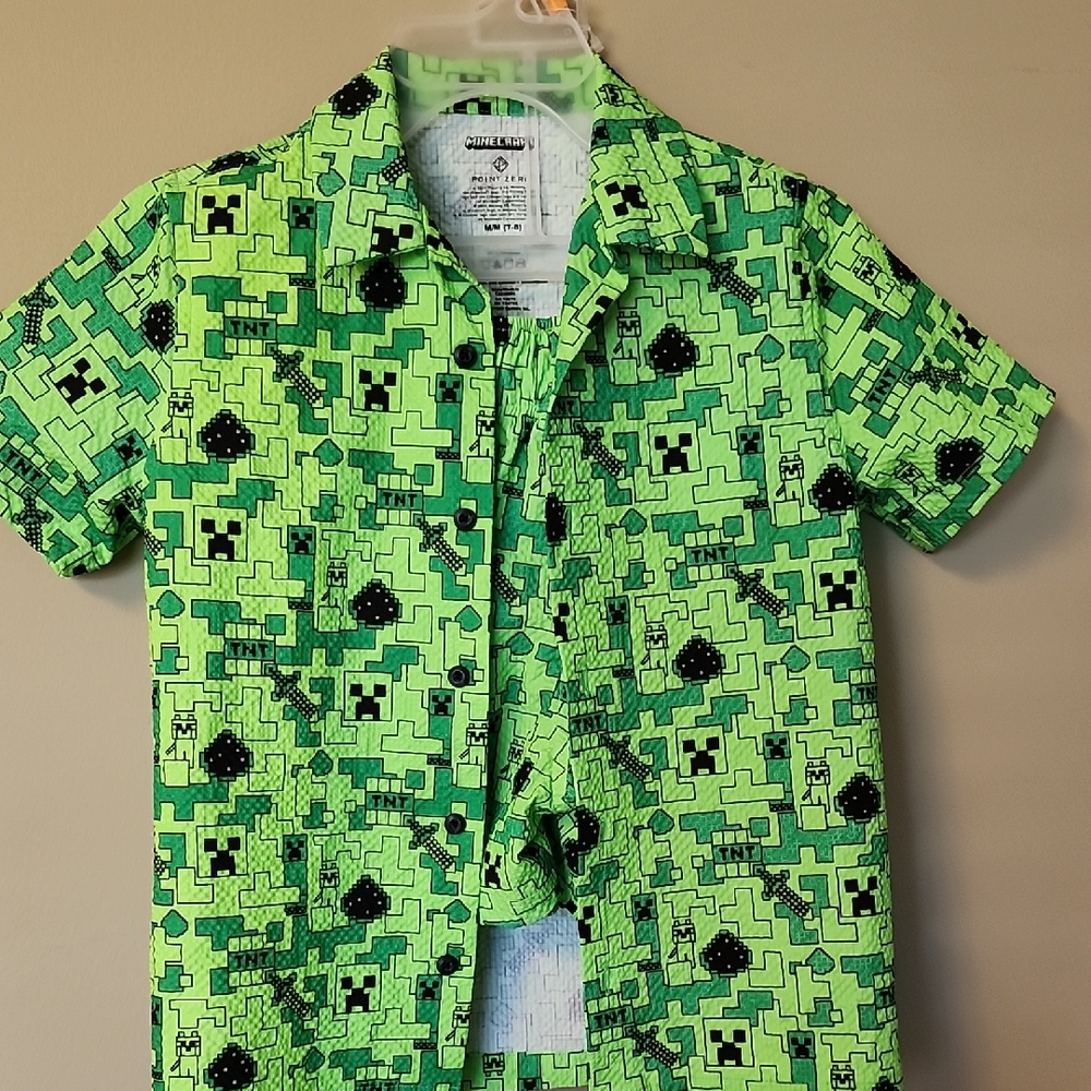 Point Zero Minecraft  Green Pixelated Short Sleeve Shirt  And Pant 7-8 Years